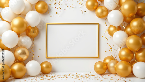 Elegant party scene with gold and white balloons surrounding blank golden frame and confetti on white background