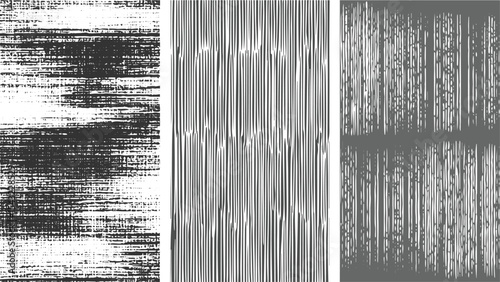 Three Vertical Abstract Gray and White Texture Panels with Varied Line Patterns Black and White Grunge Style Backgrounds for Design Projects