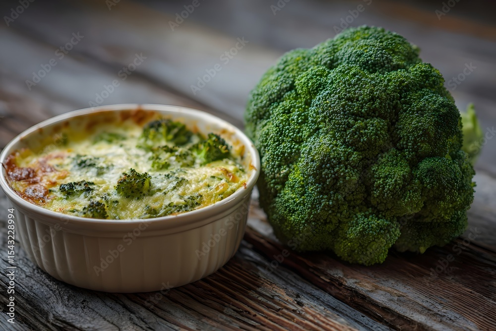 Fresh broccoli beside a creamy broccoli casserole on a rustic wooden table, showcasing healthy eating Fresh broccoli beside a creamy broccoli casserole on a rustic wooden table, showcasing healthy eating