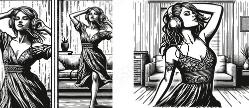 Woodcut Style Engraving of Woman Dancing with Headphones in Living Room – Vintage Grain Texture, Artistic Postal Stamp Aesthetic, Dynamic Retro-Inspired Illustration Set
