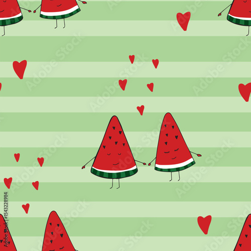 Striped green backdrop with cute watermelons, tropical flat design