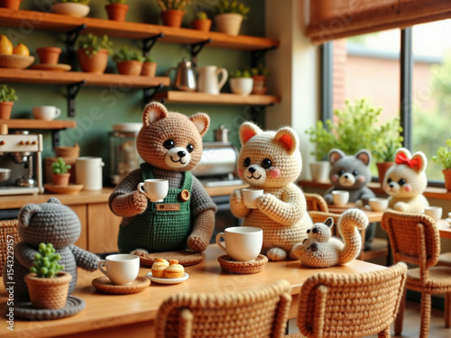 Hyper-realistic cat barista making coffee in a cozy café, while animal couples wait lovingly at tables.

