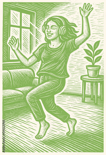 Green woodcut style design of a joyful woman dancing in the living room wearing headphones, brush-stroke engraved texture, vintage postal stamp card aesthetic, retro print artwork