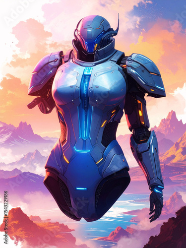 Futuristic 3D illustration of an astronaut woman and an alien robot in the vast expanse of a star-filled night space, blending science fiction and fashion