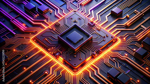 Cyberpunk Style Computer Chip Silhouette Glowing Orange and Purple Circuit Board Abstract