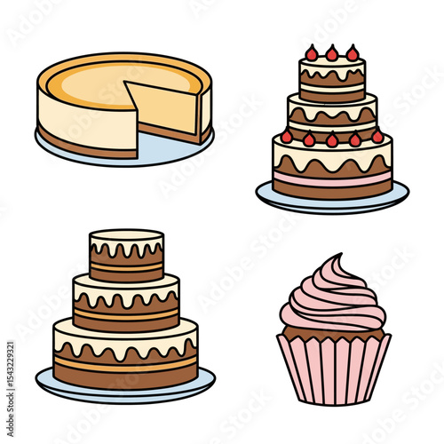 Vector Dessert Quartet: Cheesecake, Tiered Cakes, and Cupcake in Flat Design