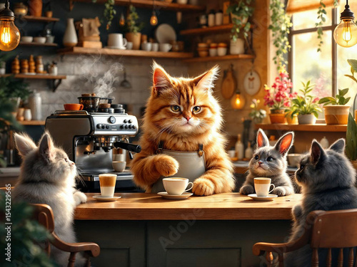 Hyper-realistic cat barista making coffee in a cozy café, while animal couples wait lovingly at tables.

