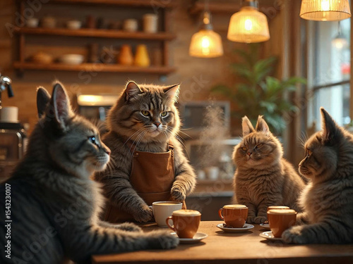Hyper-realistic cat barista making coffee in a cozy café, while animal couples wait lovingly at tables.

