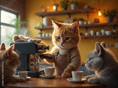 Hyper-realistic cat barista making coffee in a cozy café, while animal couples wait lovingly at tables.


