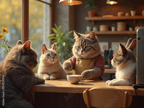 Hyper-realistic cat barista making coffee in a cozy café, while animal couples wait lovingly at tables.


