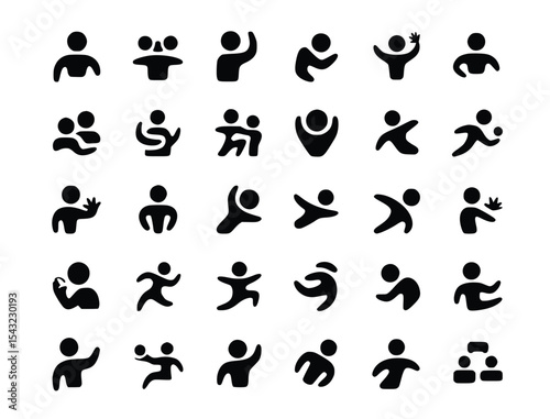 Diverse set of black people icons presenting human activities and expressions on a clean white background, minimal design, silhouette