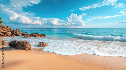 Serene Tropical Beach Scene: Azure Waters, Golden Sands, and Fluffy Clouds