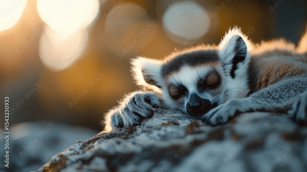 Naklejka premium A peaceful lemur peacefully dozing off on a rock surrounded by a soft bokeh background, embodying serenity and tranquility in a natural setting. Perfect for nature lovers and relaxation themes.