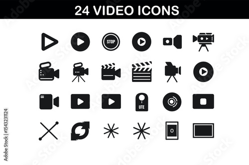 Silhouette Video Icons Set – 24 Minimal Media Symbols