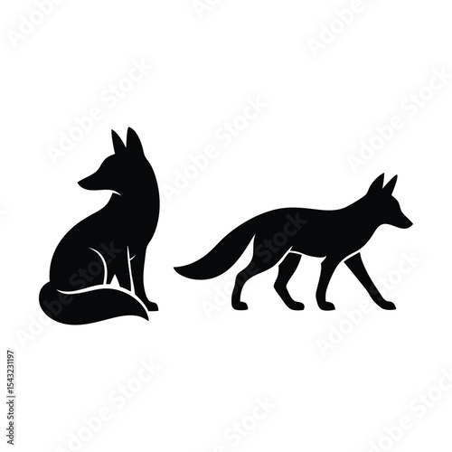 Two Fox Silhouette Vector Illustration, Silhouette vector of two foxes in nature, one sitting peacefully while the other one is walking forward