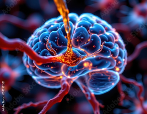 close up of gotu kola extract flowing through bloodstream into brain, illuminating nerve cells, symbolic memory restoration, soft glowing hues.
