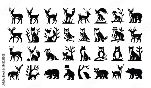 Graphic silhouettes showcase a diverse collection of woodland creatures like deer, foxes, owls, bears and raccoons in a striking vector format.