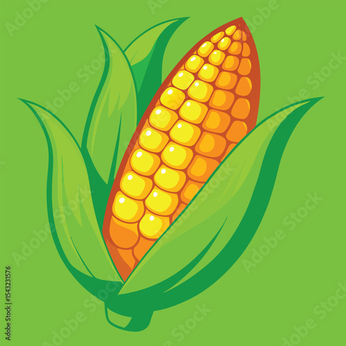 Vibrant Cartoon Corn Cob Yellow Kernels Green Husks