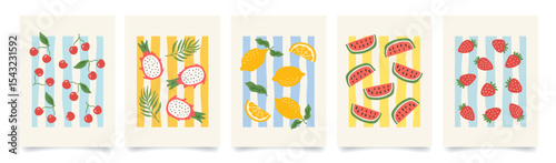 Set of colorful fruit summer poster. Modern print with hand drawn strawberry, lemon, cherry, dragon fruit and watermelon. Trendy design for wall decor, postcard, cover, packaging, t shirt.