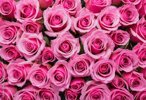 Vibrant pink roses create a beautiful tapestry of color in a serene garden. The gentle sunlight enhances their rich hues, inviting admiration from anyone passing by Generative AI