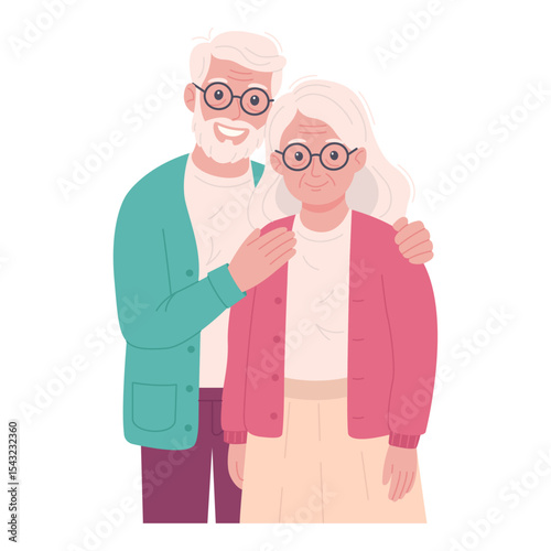 Smiling elderly couple in cozy clothes. Flat vector of senior man and woman standing together, showing a warm and tender bond. Isolated on white background, grandparents concept