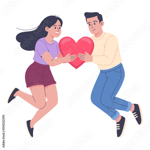 Happy couple holding heart together. Flat vector of young man and woman in love floating with big red heart symbol. Romantic relationship concept on white background