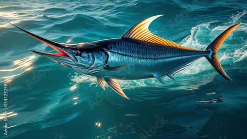 A large fish with a long, sharp, pointy fin is swimming in the ocean