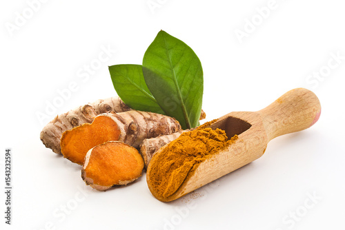 Turmeric Curcuma longa Linn, rhizome root sliced with green leaves isolated on white background.