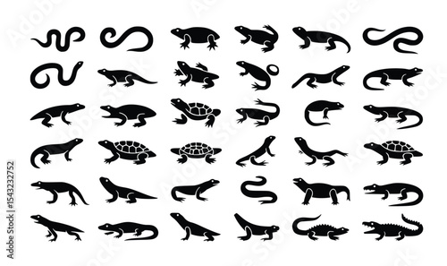 Reptiles assortment features snake, turtle, lizard, and alligator silhouettes creating a diverse animal graphic icon collection for designs.