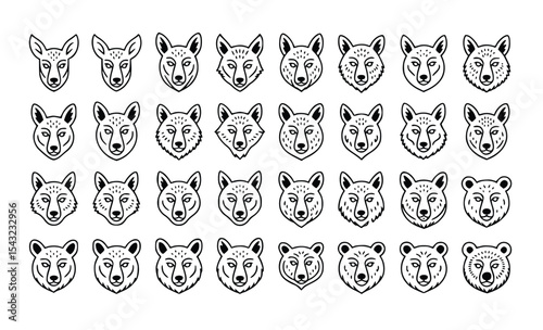 Graphic collection shows animal faces, including bears, wolves, and other mammals in a modern, stylized line art design, silhouette