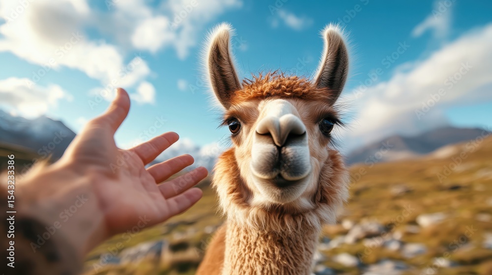 Naklejka premium An approachable llama gazes curiously at the viewer, set in a scenic natural landscape, highlighting the charm and playful spirit of these friendly Andes natives.