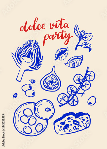 La dolce vita vintage posters. Italian Summer Line Art Vector Set with Pasta, Mozzarella, Coffee, Seafood and Herbs. Vector illustration ink doodle sketch style.