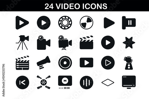Silhouette Video Icons Set – 24 Minimal Media Symbols