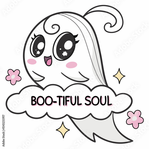Adorable boo-tiful soul kawaii ghost illustration
