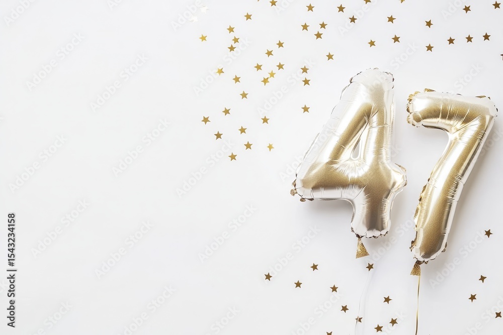 Fototapeta premium Gold foil balloons forming number 47 with star confetti on white background