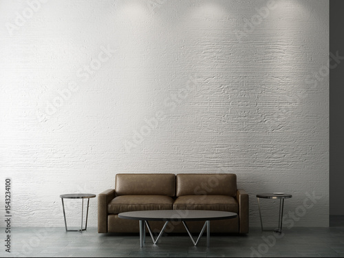 modern minimal white living room with leather sofa and concrete wall background. 3d render.