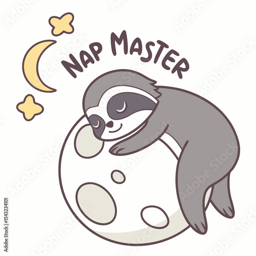 Adorable sloth napping on moon, cute animal illustration