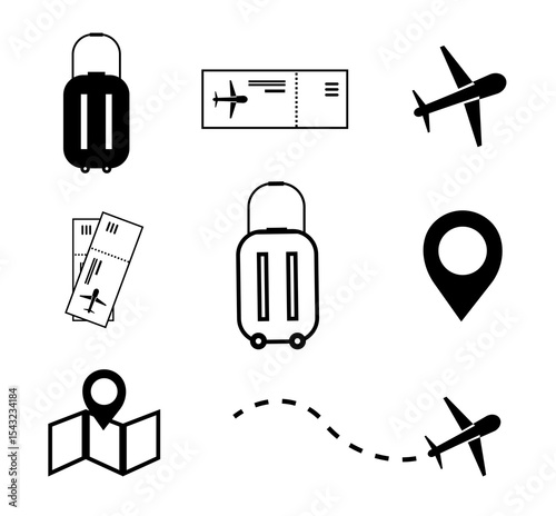 Airplane and travel vector icons set, passport icon, boarding pass icon, airplane route icon, luggage icon, travel bag icon, location pin icon, flight ticket icon.