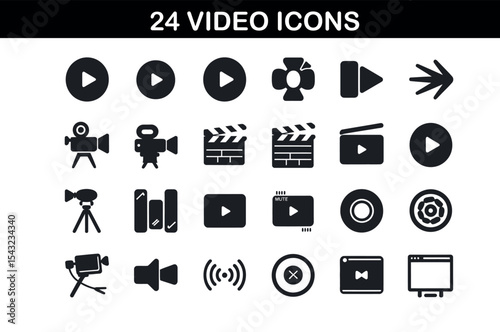Silhouette Video Icons Set – 24 Minimal Media Symbols