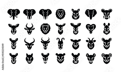 Diverse wildlife icons show animal diversity and conservation, with elephants, lions, antelopes, deers, goats and kangaroos on a white background, silhouette