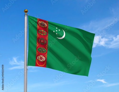 Flag of Turkmenistan Waving in the Blue Sky