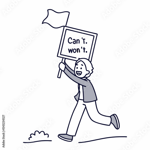 Happy person running with cant won't sign