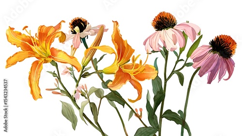 Watercolor black eyed susan, orange daylilies, and echinacea on a white background