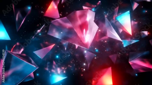 Abstract cosmic scene with colorful triangular shapes floating in a starry space background