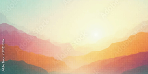 Abstract grunge vector illustration of a colorful sunset mountain landscape with mist and rainbow