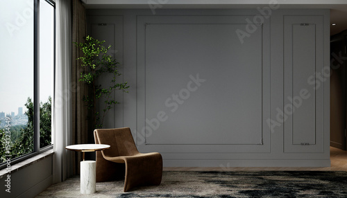 modern home and living room with leather arm chairs and wooden floor and grey classic pattern wall background. 3d render.