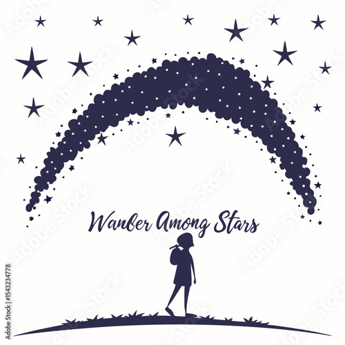 Child wanderer under starry night sky dream