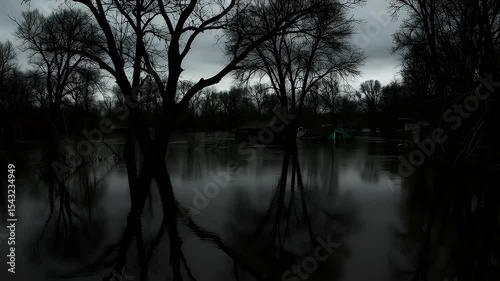 Floodwater inundates structures in a rural area.