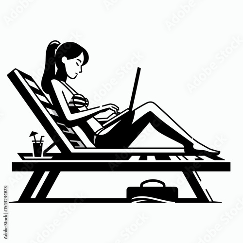Young woman working on laptop while relaxing by the poolside  