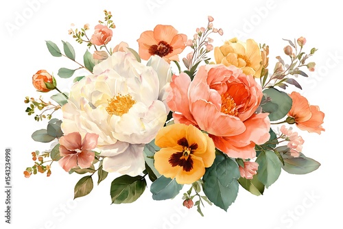 Watercolor floral bouquet, Rose, peonies, Poppy, Pansies, Laurel Leaves, Romantic, Cream, Peach, isolated on white background